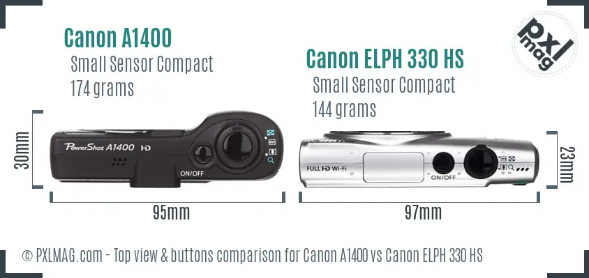 Canon A1400 vs Canon ELPH 330 HS top view buttons comparison