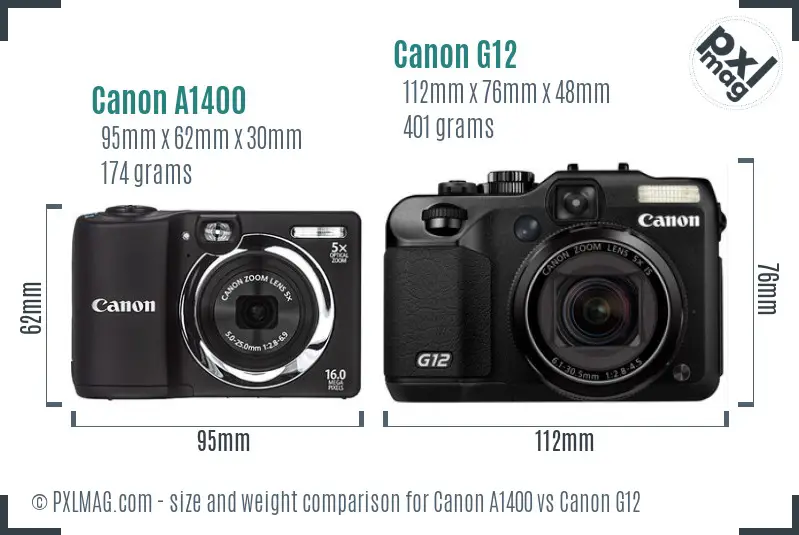 Canon A1400 vs Canon G12 size comparison