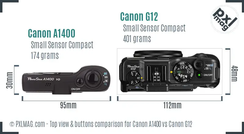 Canon A1400 vs Canon G12 top view buttons comparison