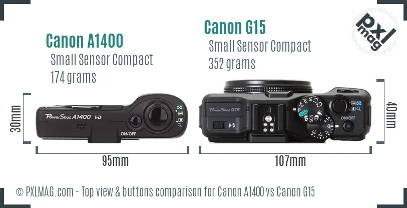 Canon A1400 vs Canon G15 top view buttons comparison Canon A1400 vs Canon G15 top view buttons comparison