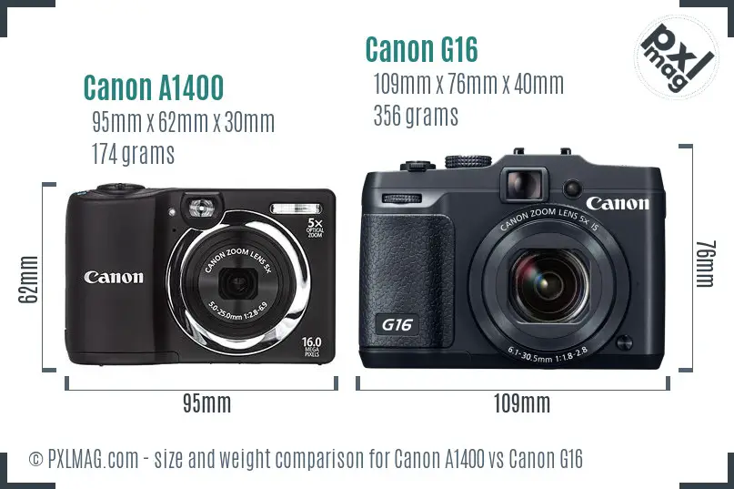 Canon A1400 vs Canon G16 size comparison