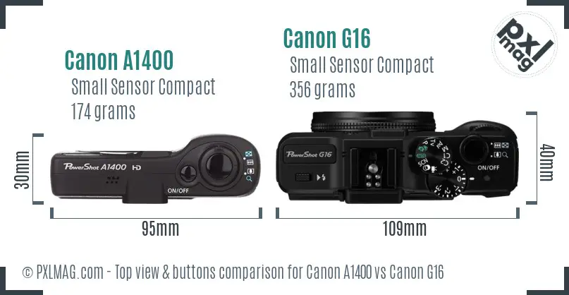 Canon A1400 vs Canon G16 top view buttons comparison