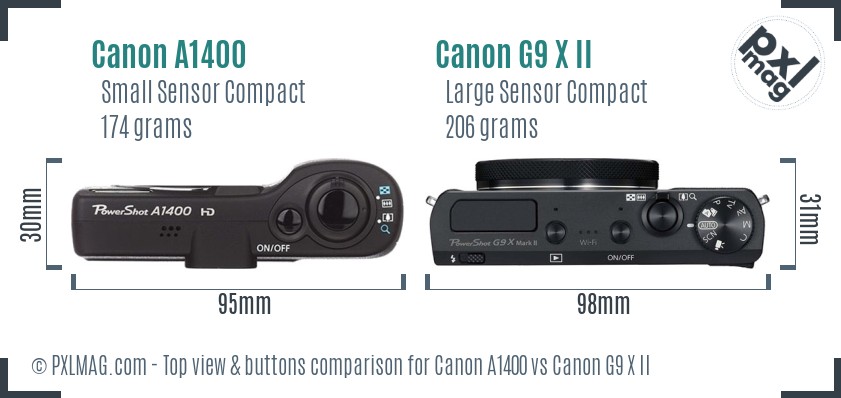 Canon A1400 vs Canon G9 X II top view buttons comparison