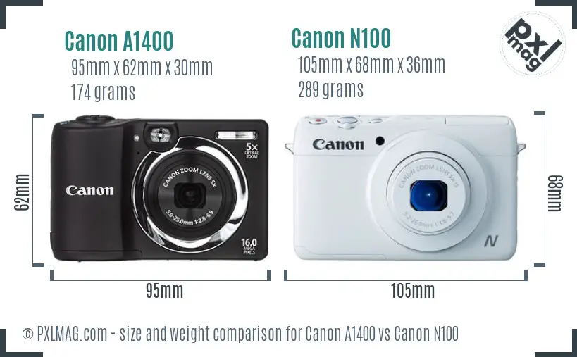 Canon A1400 vs Canon N100 size comparison