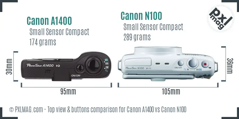 Canon A1400 vs Canon N100 top view buttons comparison