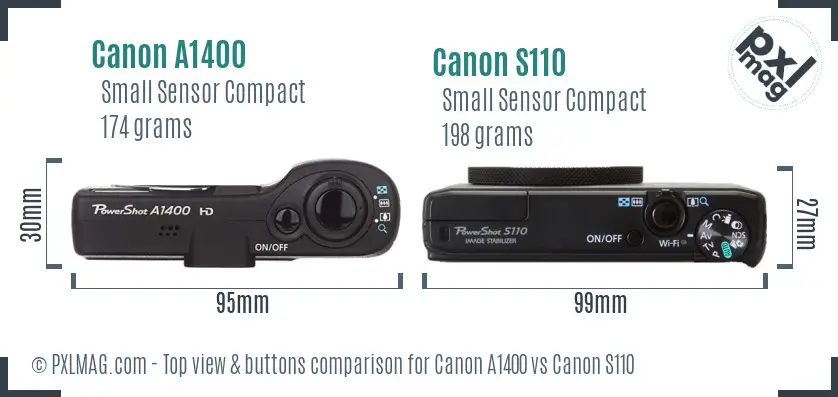 Canon A1400 vs Canon S110 top view buttons comparison Canon A1400 vs Canon S110 top view buttons comparison