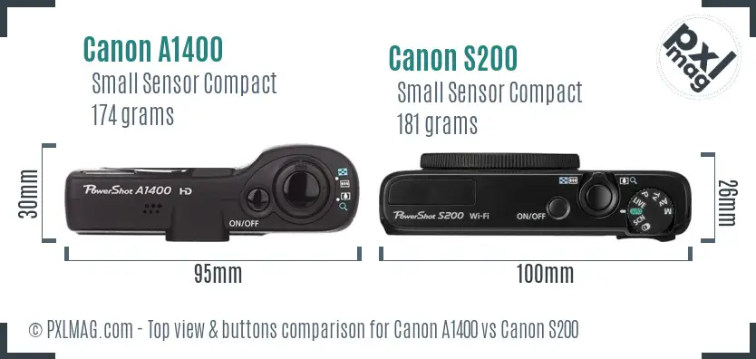 Canon A1400 vs Canon S200 top view buttons comparison