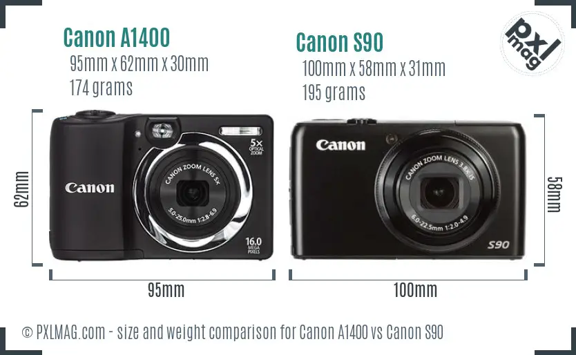 Canon A1400 vs Canon S90 size comparison