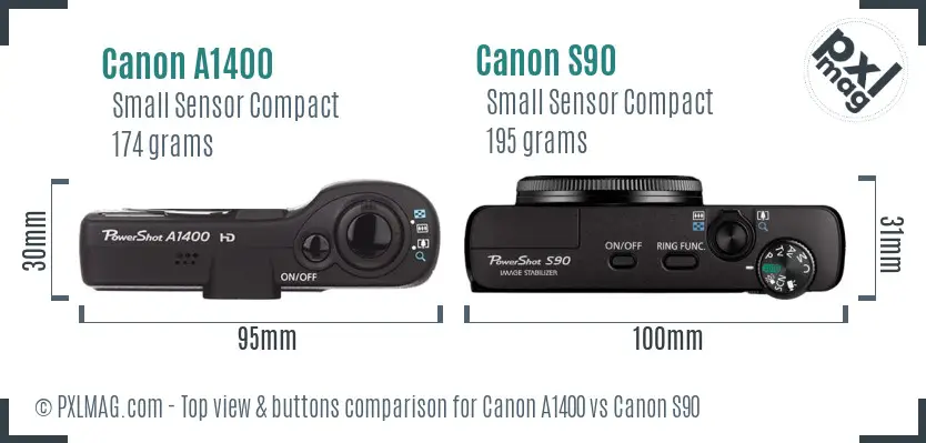 Canon A1400 vs Canon S90 top view buttons comparison