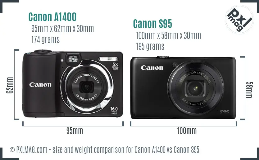 Canon A1400 vs Canon S95 size comparison