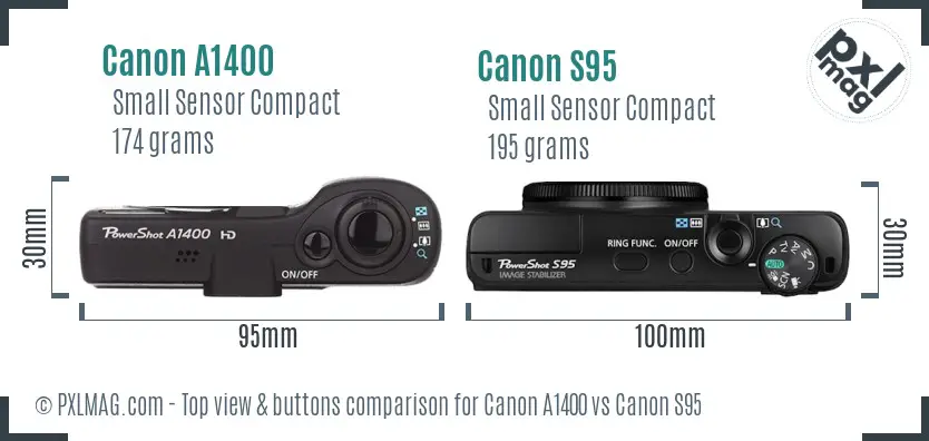 Canon A1400 vs Canon S95 top view buttons comparison