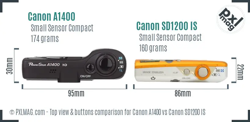 Canon A1400 vs Canon SD1200 IS top view buttons comparison