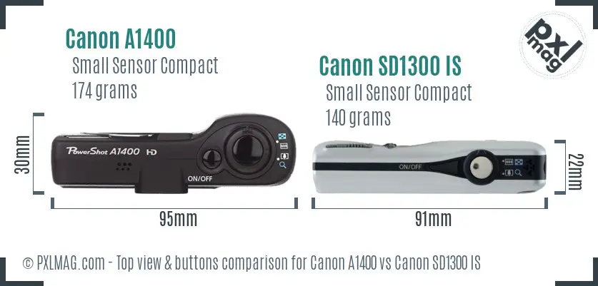 Canon A1400 vs Canon SD1300 IS top view buttons comparison