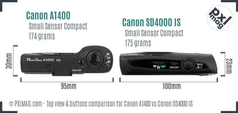 Canon A1400 vs Canon SD4000 IS top view buttons comparison