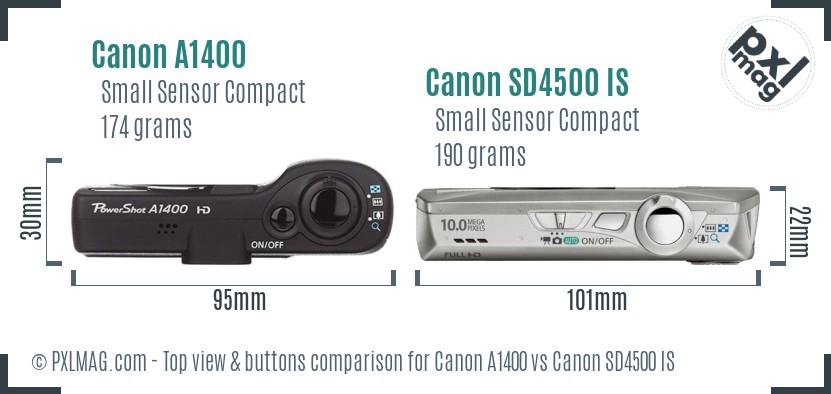 Canon A1400 vs Canon SD4500 IS top view buttons comparison