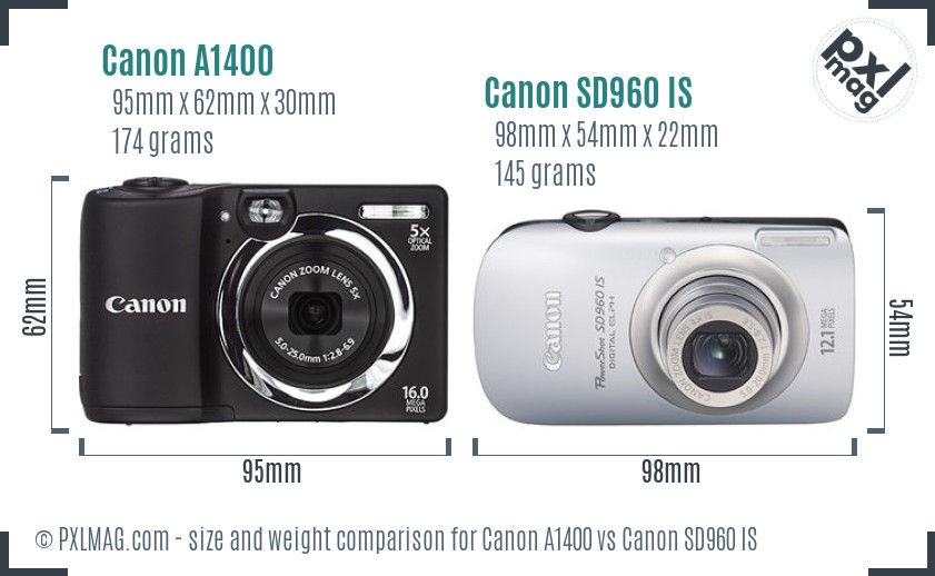 Canon A1400 vs Canon SD960 IS size comparison