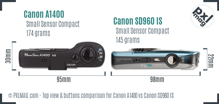 Canon A1400 vs Canon SD960 IS top view buttons comparison