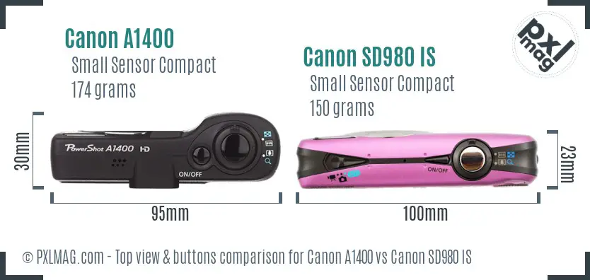 Canon A1400 vs Canon SD980 IS top view buttons comparison