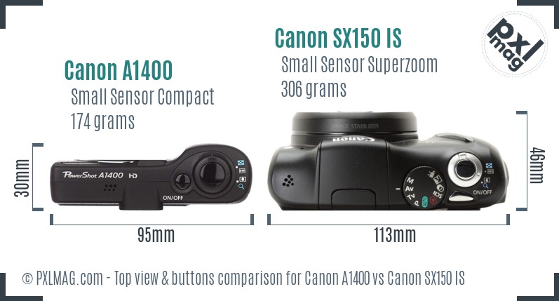 Canon A1400 vs Canon SX150 IS top view buttons comparison