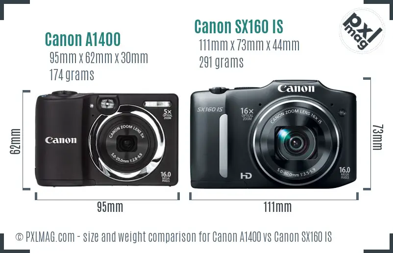 Canon A1400 vs Canon SX160 IS size comparison