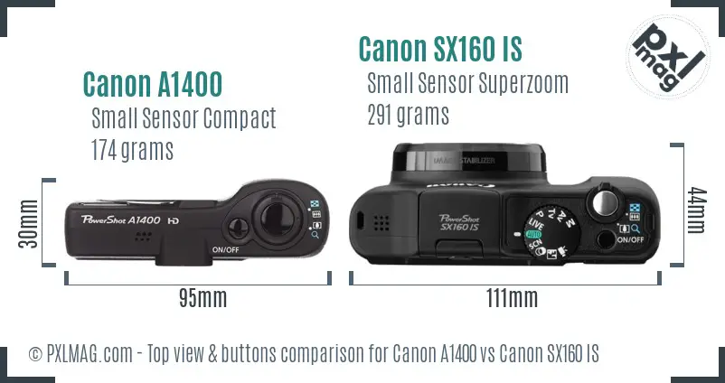 Canon A1400 vs Canon SX160 IS top view buttons comparison