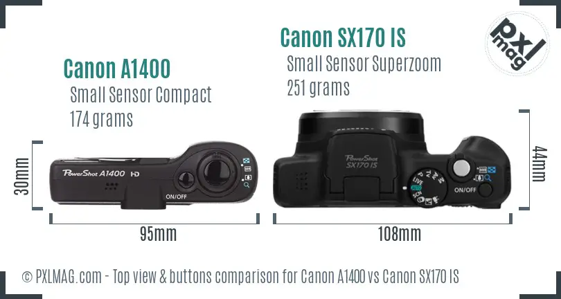 Canon A1400 vs Canon SX170 IS top view buttons comparison