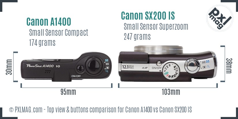 Canon A1400 vs Canon SX200 IS top view buttons comparison