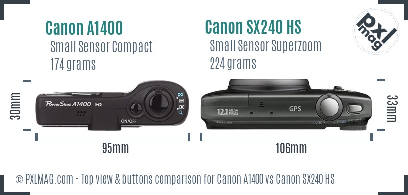 Canon A1400 vs Canon SX240 HS top view buttons comparison