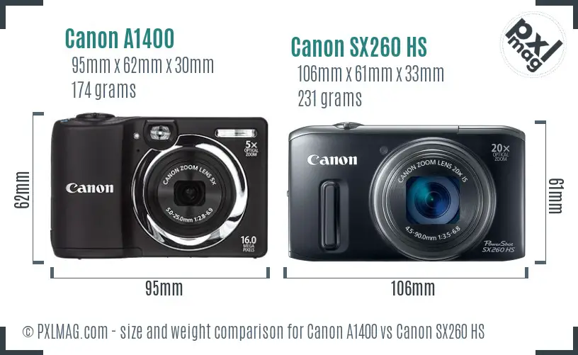 Canon A1400 vs Canon SX260 HS size comparison