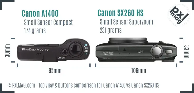 Canon A1400 vs Canon SX260 HS top view buttons comparison