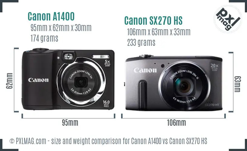 Canon A1400 vs Canon SX270 HS size comparison