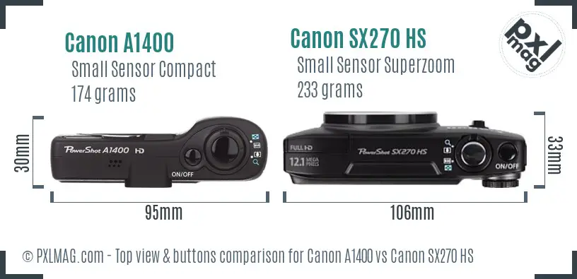 Canon A1400 vs Canon SX270 HS top view buttons comparison