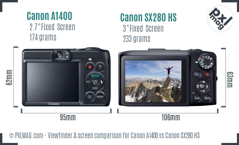 Canon A1400 vs Canon SX280 HS Screen and Viewfinder comparison