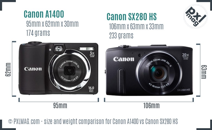 Canon A1400 vs Canon SX280 HS size comparison Canon A1400 vs Canon SX280 HS size comparison