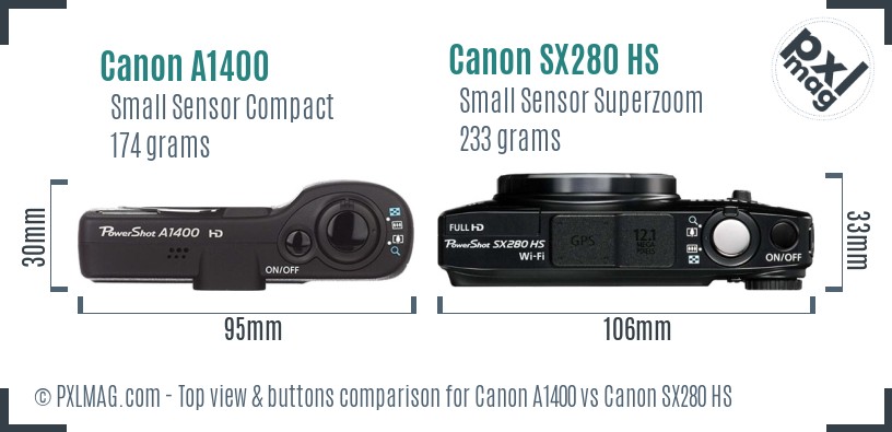 Canon A1400 vs Canon SX280 HS top view buttons comparison