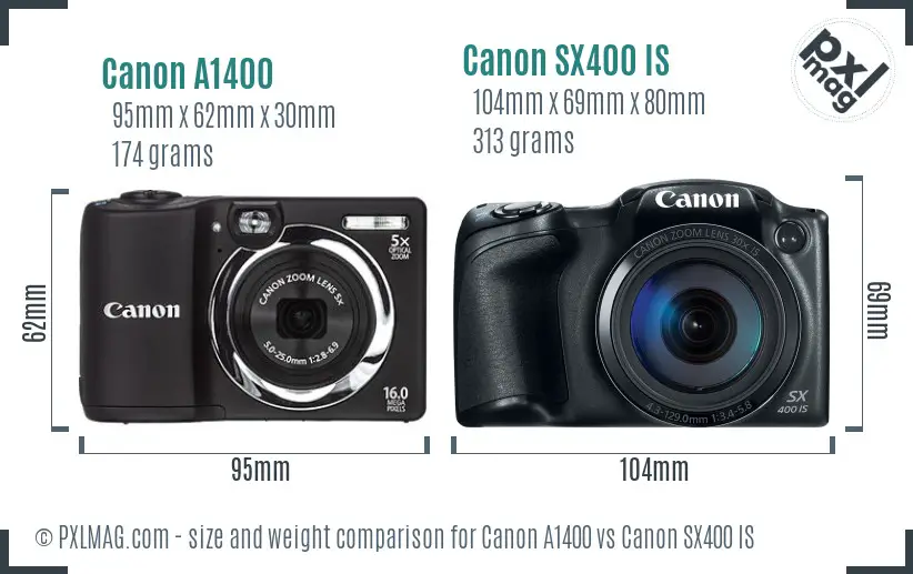 Canon A1400 vs Canon SX400 IS size comparison