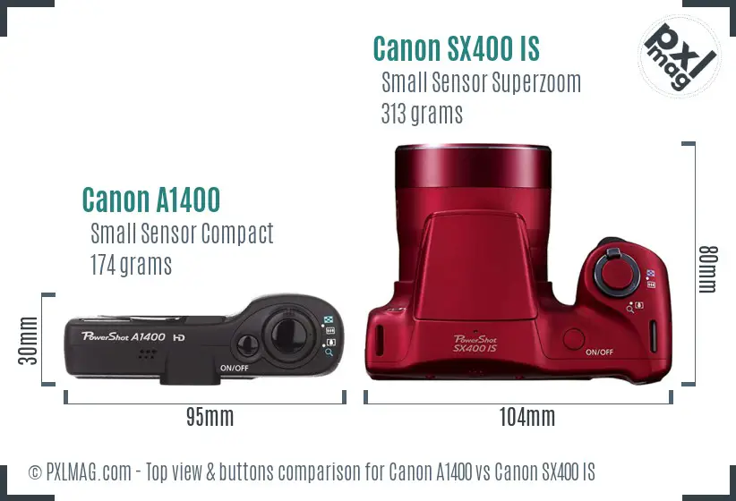 Canon A1400 vs Canon SX400 IS top view buttons comparison