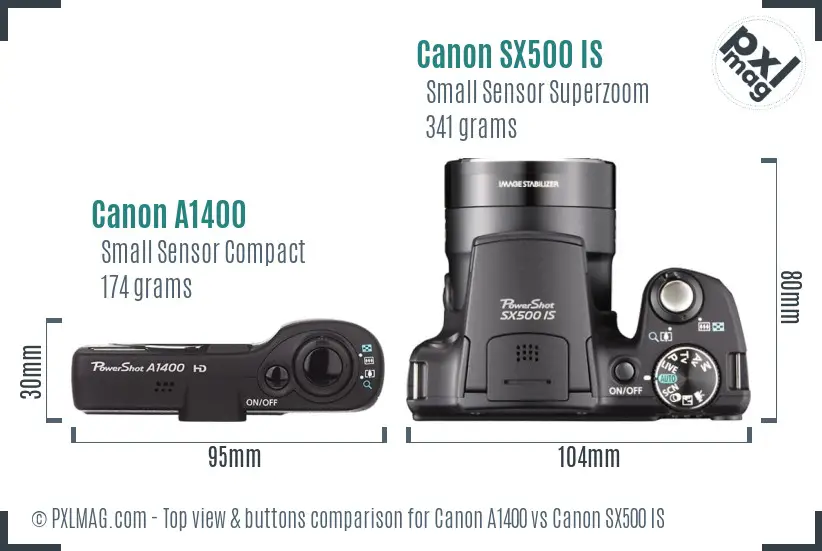 Canon A1400 vs Canon SX500 IS top view buttons comparison