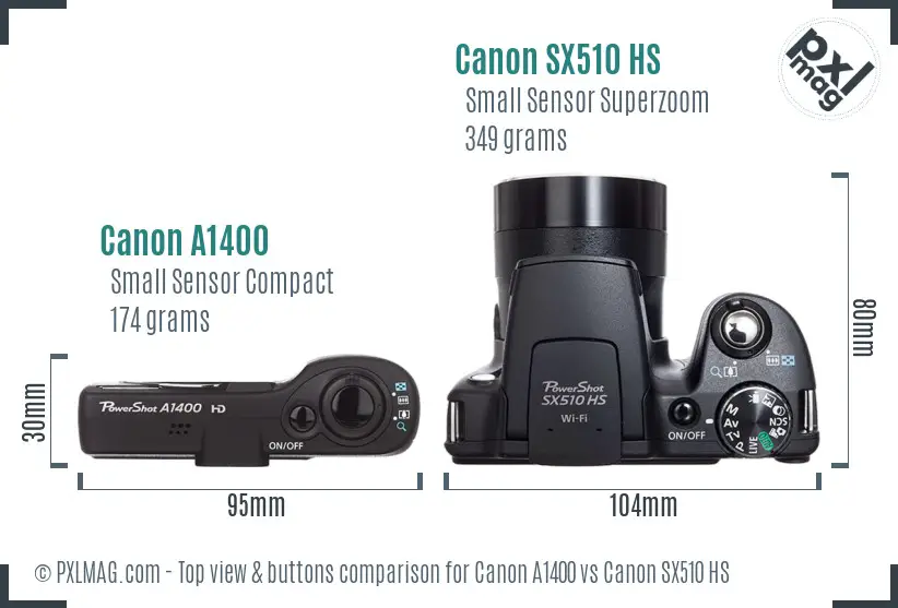 Canon A1400 vs Canon SX510 HS top view buttons comparison Canon A1400 vs Canon SX510 HS top view buttons comparison