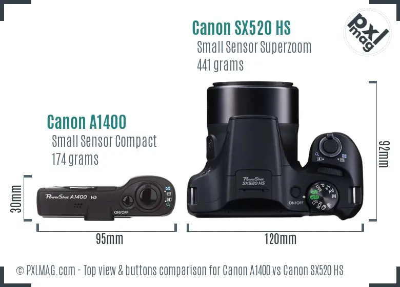 Canon A1400 vs Canon SX520 HS top view buttons comparison
