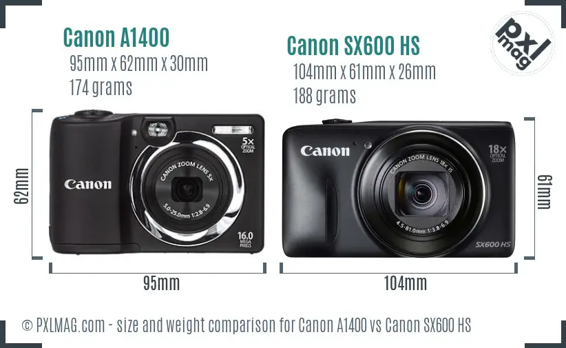 Canon A1400 vs Canon SX600 HS size comparison