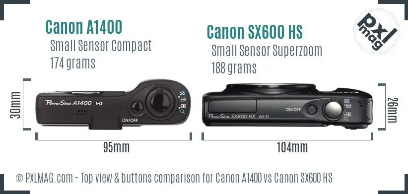 Canon A1400 vs Canon SX600 HS top view buttons comparison