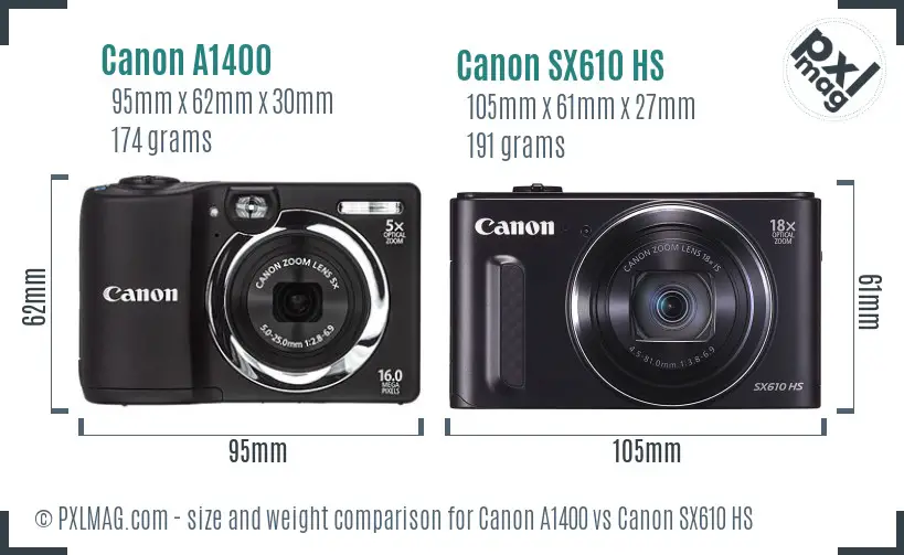 Canon A1400 vs Canon SX610 HS size comparison