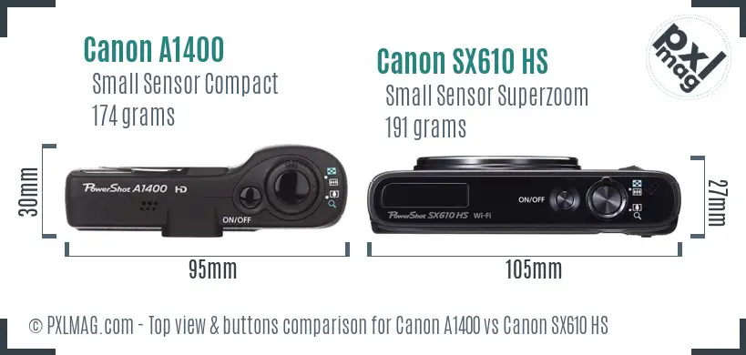 Canon A1400 vs Canon SX610 HS top view buttons comparison