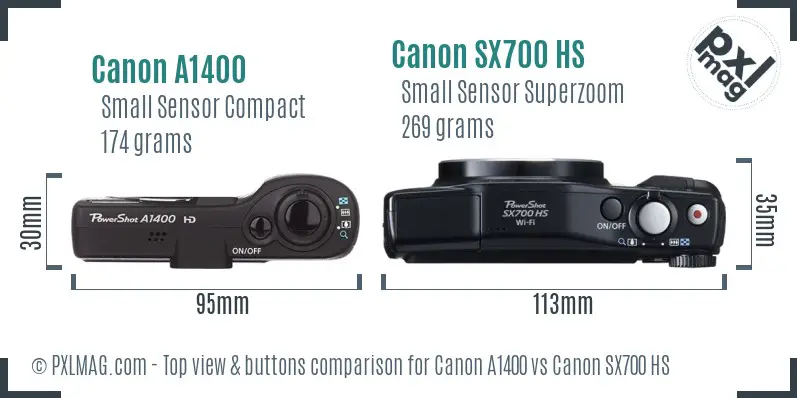 Canon A1400 vs Canon SX700 HS top view buttons comparison Canon A1400 vs Canon SX700 HS top view buttons comparison