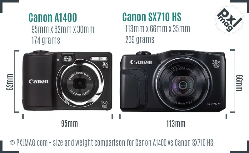 Canon A1400 vs Canon SX710 HS size comparison