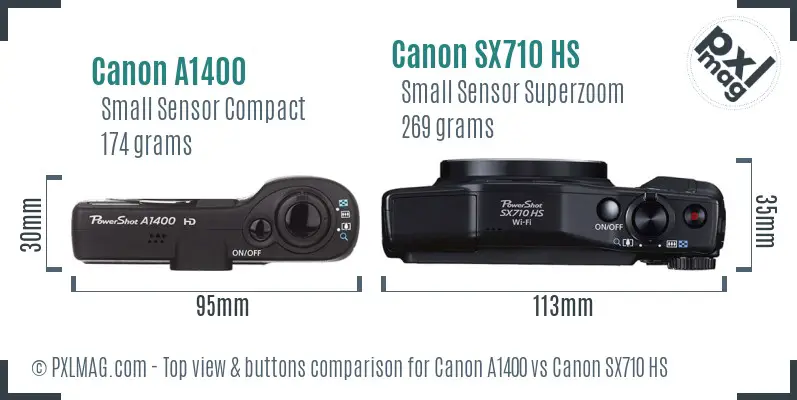 Canon A1400 vs Canon SX710 HS top view buttons comparison