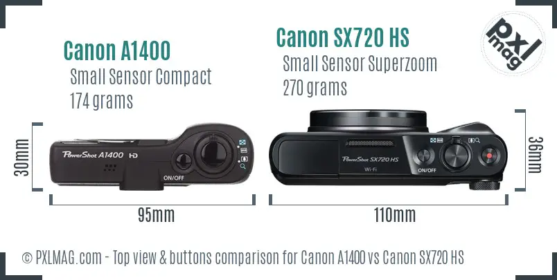 Canon A1400 vs Canon SX720 HS top view buttons comparison
