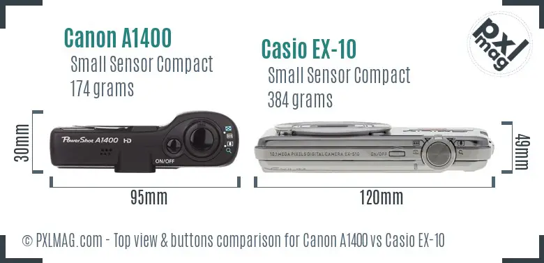 Canon A1400 vs Casio EX-10 top view buttons comparison
