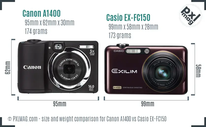 Canon A1400 vs Casio EX-FC150 size comparison